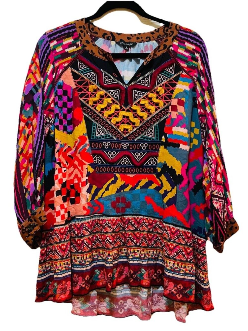 JOHN MARK Multicolor Geometric Floral Embroidered 3/4 Length Sleeve Shirt Sz S - Picture 2 of 8